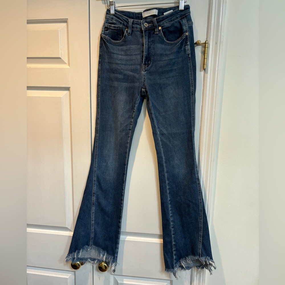 KanCan Dark Blue Flare Jeans with Frayed Hem